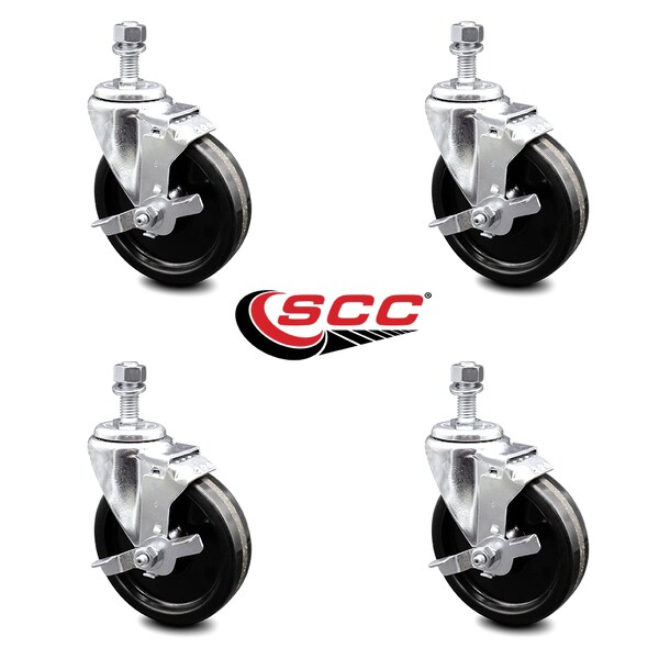 5 Inch Phenolic Wheel Swivel 10mm Threaded Stem Caster Set with Brake SCC